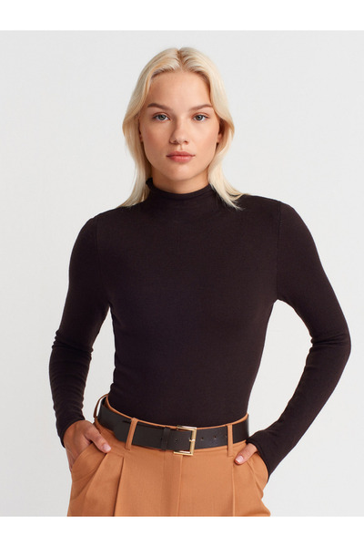 Dilvin 10714 Πλεκτό πουλόβερ με ψηλό γιακά από μαλλί με απαλή λεπτή υφή-Σκούρ...