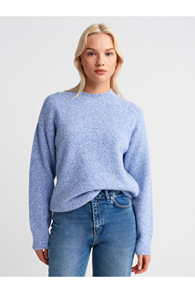 Dilvin 10640 Pulover tricotat cu textura moale cu gât rotund - Indigo M.