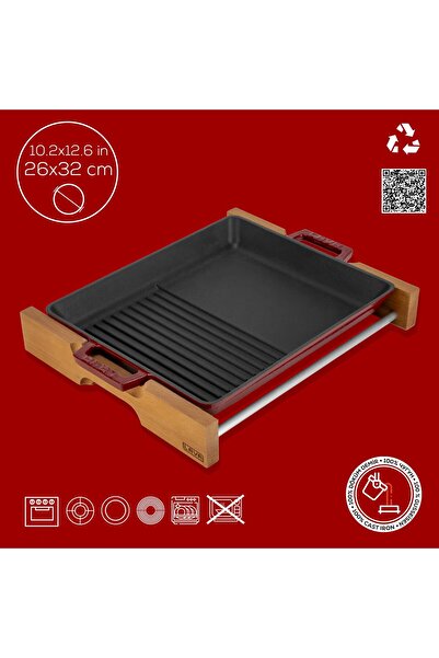 Lava Döküm Demir Dikdörtgen Hibrit Izgara Tavası Kayın Servis Ahşabı Çift Kulplu Ölçü : 26x32 cm.