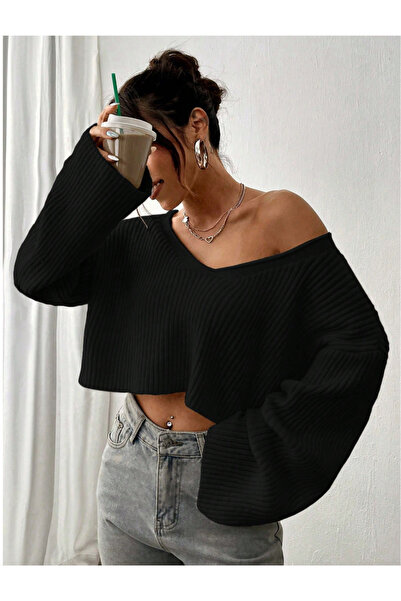 Nimas Women Oversize V Neck Knitwear Crop Pullover