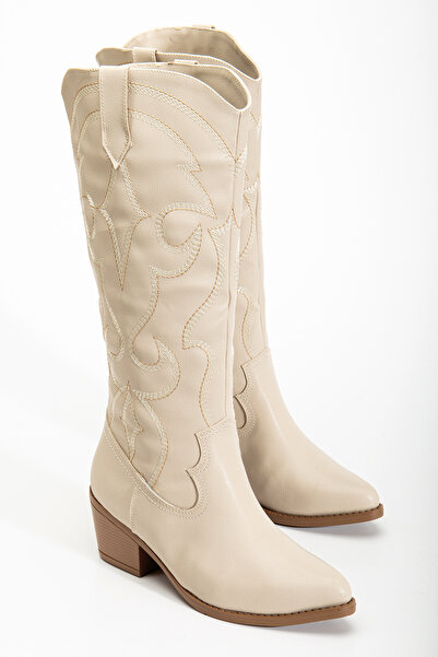 RİSSOLİ Γυναικείες μπότες καουμπόισσας με κεντημένο δέρμα σε μπεζ χρώμα