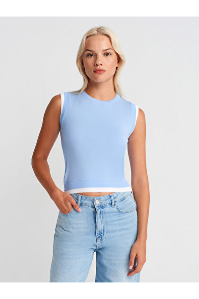 Dilvin 10784 Crew Neck Double-Look Knitwear Blouse-Blue-White