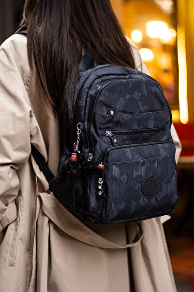 Sanmorris Multi-Pocket Women's Backpack Medium Size Daily Hv3001 Black Patterned