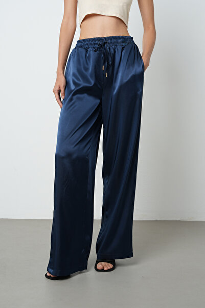 Orfeo Negro Women's Light Navy Blue Satin Wide Leg Elastic Waist Trousers