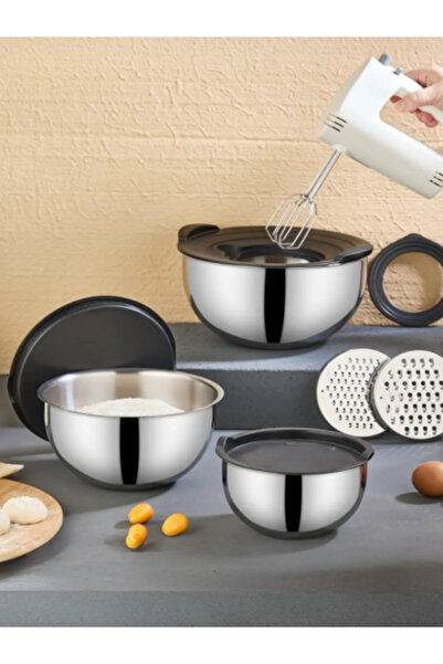 Aless 9 Piece 330 Stainless Steel Mixing Bowl and Storage Container Set – with Grater Head, 17-21-26 cm