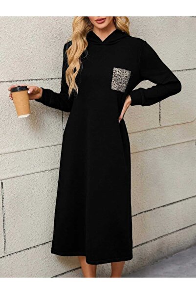 JANES Kadın Cep Detaylı Kapüşonlu Midi Boy İki İplik Viskon Elbise