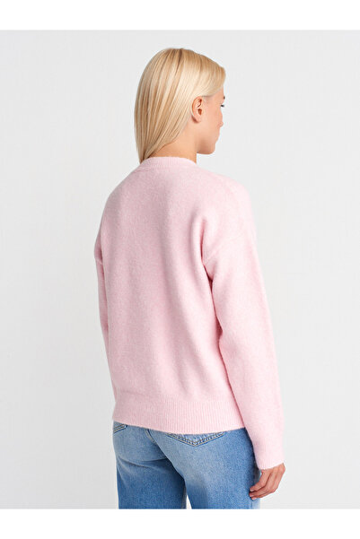 Dilvin 10640 Crew Neck Soft Textured Knit Sweater-Light Pink