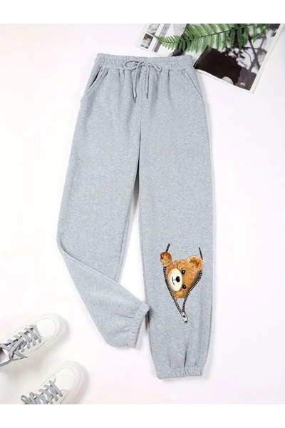 WOODROFFE Unisex Cute Zipper Bear Printed Red Gray Black Sweatpants Jogger