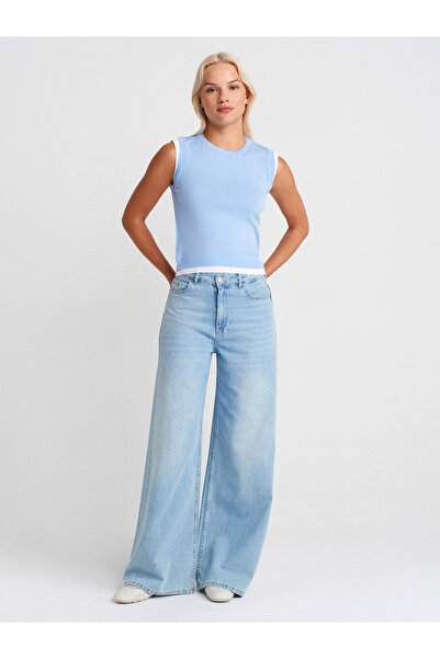 Dilvin 10784 Crew Neck Double-Look Knitwear Blouse-Blue-White