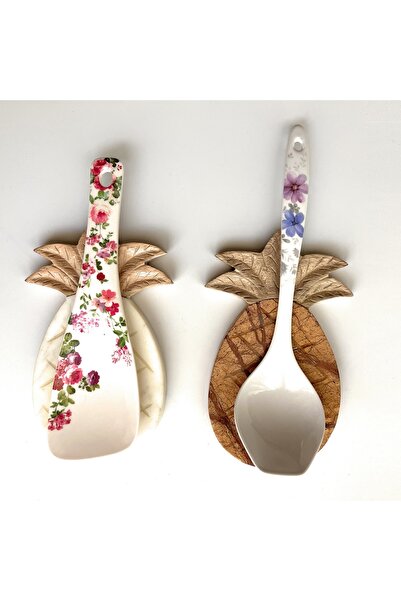 Souq DESIGNS Ceramic Marble Spoon Rest Holder White & Brown Spatula Natural Wood Kitchen Countertop