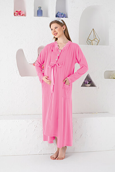 JENİKA Maternity Long Sleeve Dressing Gown Short Sleeve Nightgown Model Buttoned Lace Detail Pink 2-Piece Maternity Set