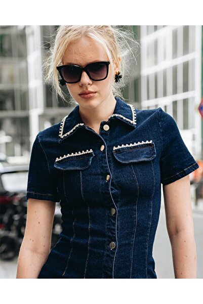 ZF BUTİK Rochie din denim premium cu nasturi cu detalii din piatră