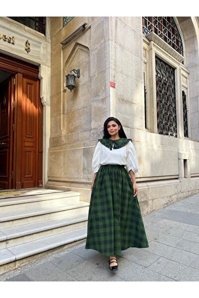 KÜÇÜĞÜM BUTİK Fusta evazată în carouri din bumbac verde și guler mobil (Set de 2) (FUSTĂ-GULER)