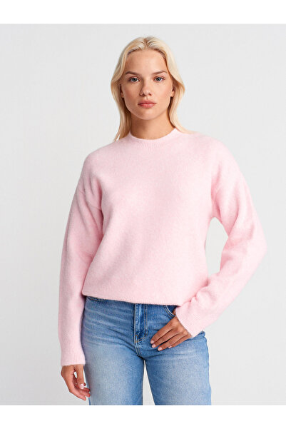Dilvin 10640 Crew Neck Soft Textured Knit Sweater-Light Pink