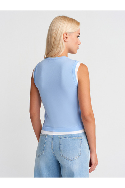 Dilvin 10784 Crew Neck Double-Look Knitwear Blouse-Blue-White