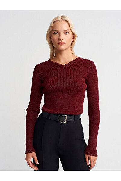 Dilvin 10803 سترة تريكو فضية بياقة على شكل حرف V - لون بورجوندي