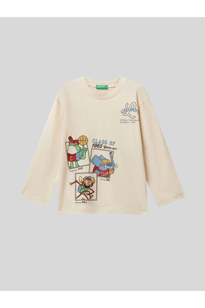Benetton Boy's Printed Sweatshirt 1-6 Years Old Ecru
