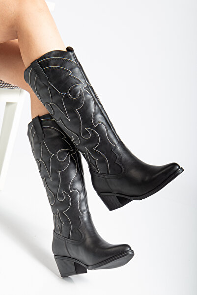 RİSSOLİ Γυναικείες μπότες καουμπόισσας με κέντημα σε μαύρο δέρμα