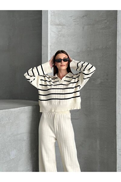 ZF BUTİK Σετ πλεκτών ενδυμάτων με λαιμόκοψη πόλο, με πλεκτό κάτω μέρος και πλεκτό επάνω μέρος