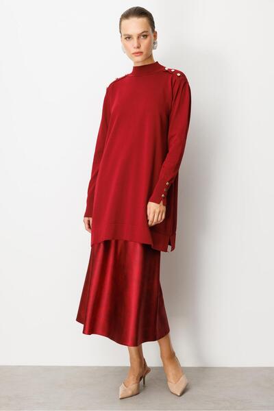 accort Omzu Düğme Detaylı Triko Tunik-BORDO