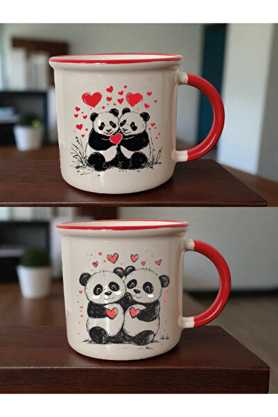 lili hediyelik Kalpli Panda Baskılı Ağzı Kırmızı Kupa - Sevgiliye Alınacak Hediyeler, Ev Hediyesi