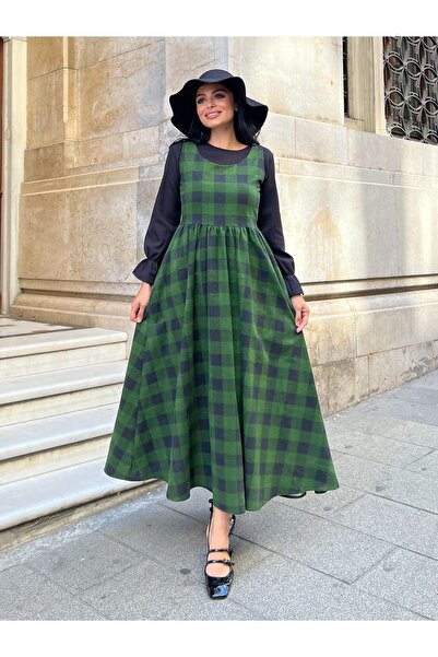 KÜÇÜĞÜM BUTİK Green Cotton Plaid Gilet Dress