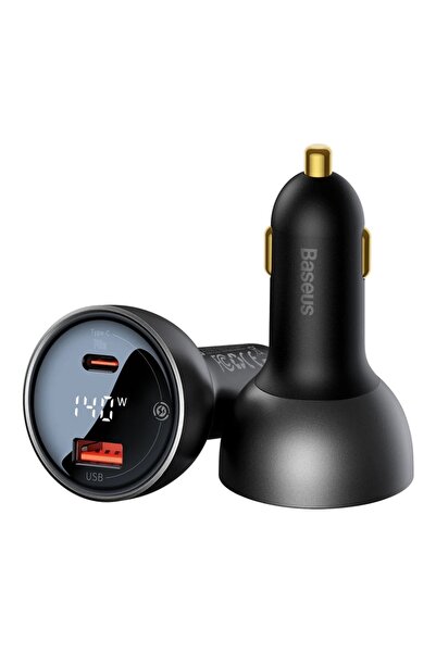 Baseus Încărcător auto 140W, 1x USB-A QC3.0, 1x Type-C PD3.1, afișaj digital, cablu USB-C 240W 1m, negru
