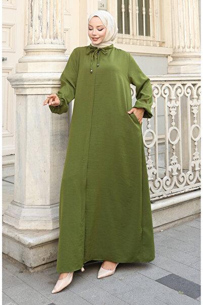 sefamerve Kolu Lastikli Fermuarlı Ferace 0140-08 Haki Yeşil