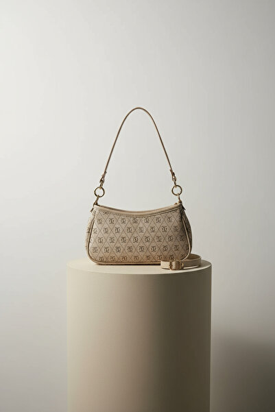 KISCHE Monogram Baguette & Crossbody Bag – Faux Leather, Metal Accessories, Beige