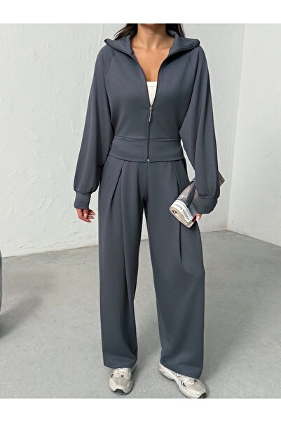 BEJNA Γυναικείο γκρι μαλακό μοντέρνο μπουφάν με υφή με όρθιο γιακά με πλισέ φαρδύ παντελόνι με φαρδύ πόδι επάνω και κάτω αθλητικό σετ