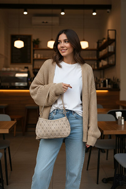 KISCHE Monogram Baguette & Crossbody Bag – Faux Leather, Metal Accessories, Beige