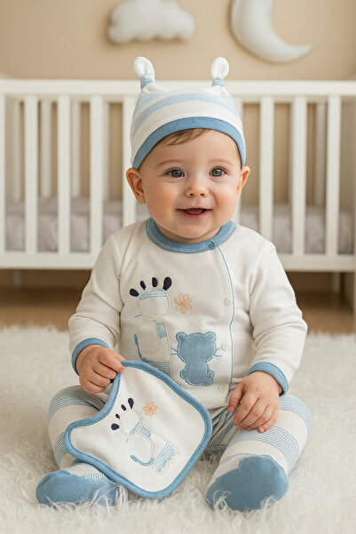 BYS BABY FASHION %100 Pamuklu Sevimli Zürafa Desenli 5 'li Yenidoğan Erkek Bebek Hastane Çıkış Seti Kutulu