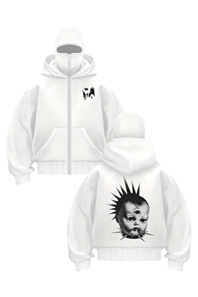 Gofeel White Unisex Balaclava Horror Baby Printed Oversize Cardigan