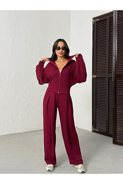 BEJNA Women's Burgundy Soft Modal Textured Stand Collar Jacket Pleated Wide Leg Pants Bottom Top Sports Set
