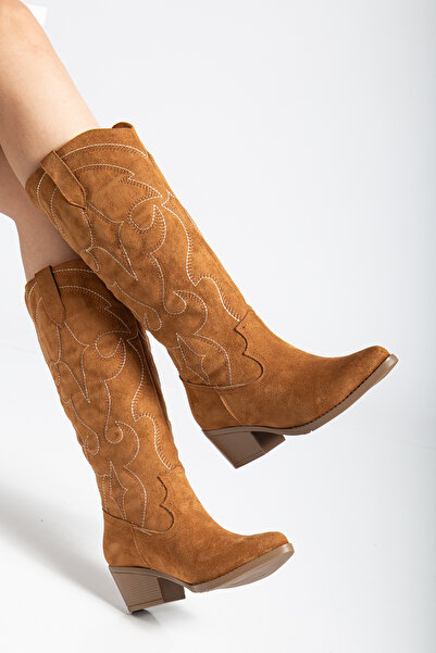 RİSSOLİ Γυναικείες μπότες καουμπόισσας με κέντημα από καστόρι σε ταμπά χρώμα