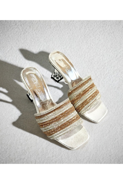Felisya Butik Twelve Rows of Stones Transparent Heeled Evening Dress Slippers