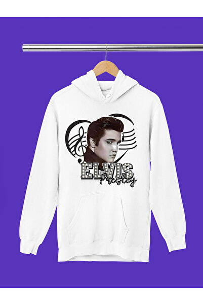 MAGORS Sweatshirt rock cu glugă, cu mânecă lungă, din bumbac, cu imprimeu ELVIS PRESLEY, cu 3 fire