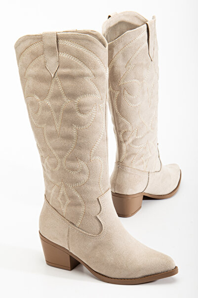 RİSSOLİ Γυναικείες μπότες καουμπόισσας με κέντημα σε μπεζ σουέντ