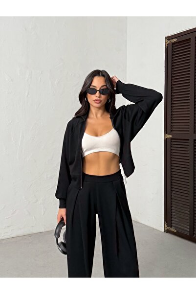 BEJNA Women's Black Soft Modal Textured Stand Collar Jacket Pleated Wide Leg Pants Bottom Top Sports Set