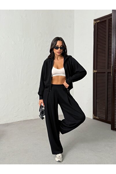 BEJNA Women's Black Soft Modal Textured Stand Collar Jacket Pleated Wide Leg Pants Bottom Top Sports Set