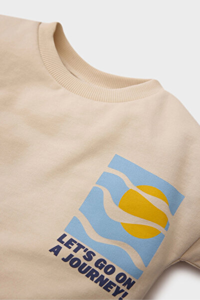 DeFacto D3348 Beige Baby Boy 2-Piece Set Printed Sweatshirt Elastic Waist and Cuffs