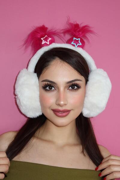 TAKIŞTIR White and Fuchsia Color Plush Headphones with Hair Detail