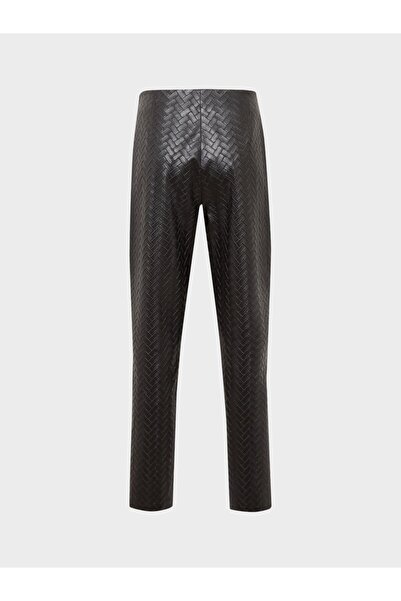 RİVUS Yüksek Belli Nervür Dikişli Sigara Paça Vegan Örgü Deri Pantolon - Siyah
