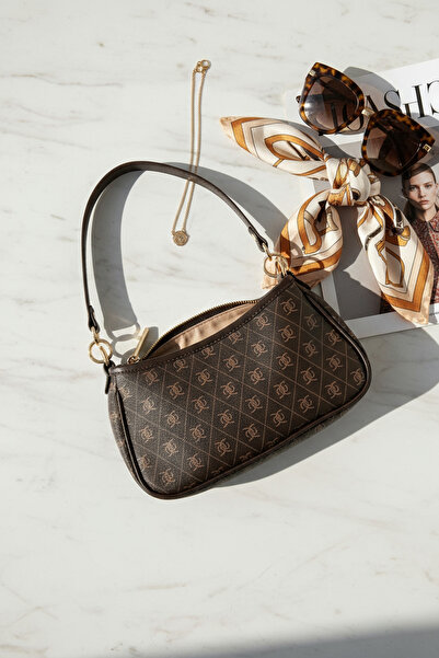 KISCHE Τσάντα Monogram Baguette & Crossbody – Τεχνητό δέρμα, Μεταλλικά Αξεσουάρ, Καφέ