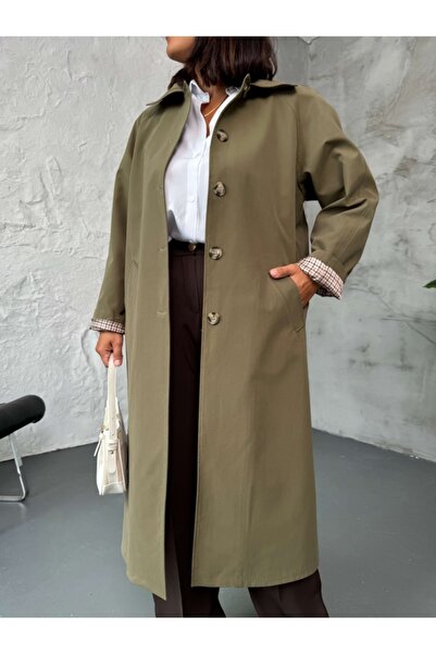 Elif Özbey Butik Khaki Plaid Detailed Trench Coat