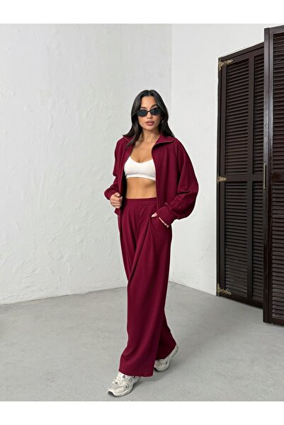 BEJNA Women's Burgundy Soft Modal Textured Stand Collar Jacket Pleated Wide Leg Pants Bottom Top Sports Set