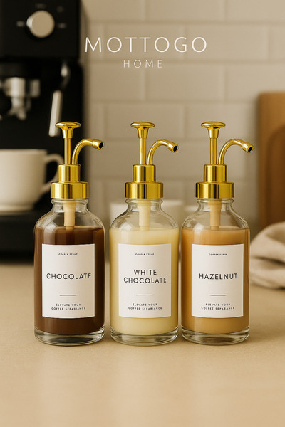 Mottogo 3-Piece Glass Coffee Syrup Dispenser with Gold Head + 7 Labels