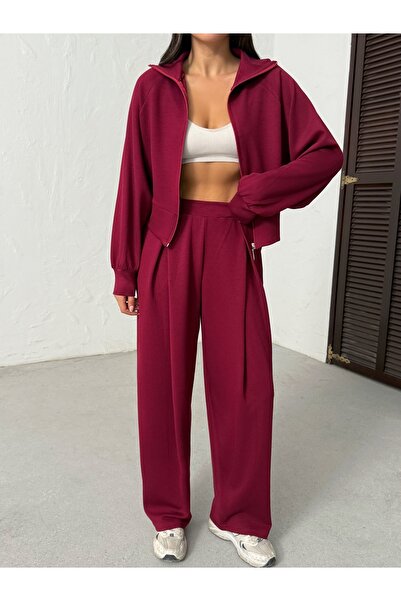 BEJNA Women's Burgundy Soft Modal Textured Stand Collar Jacket Pleated Wide Leg Pants Bottom Top Sports Set