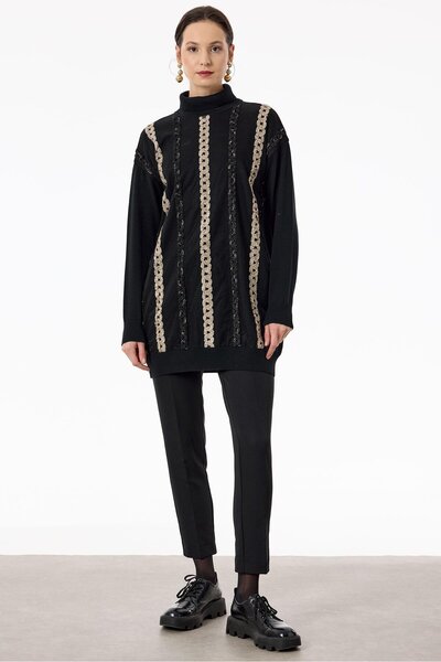 Tığ Triko Şönil Saç Örgü Süslemeli Balıkçı Yaka Tunik SİYAH