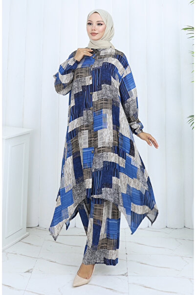 sefamerve Viscose Fabric Tunic Trousers Double Set 2139-04 Indigo Mink